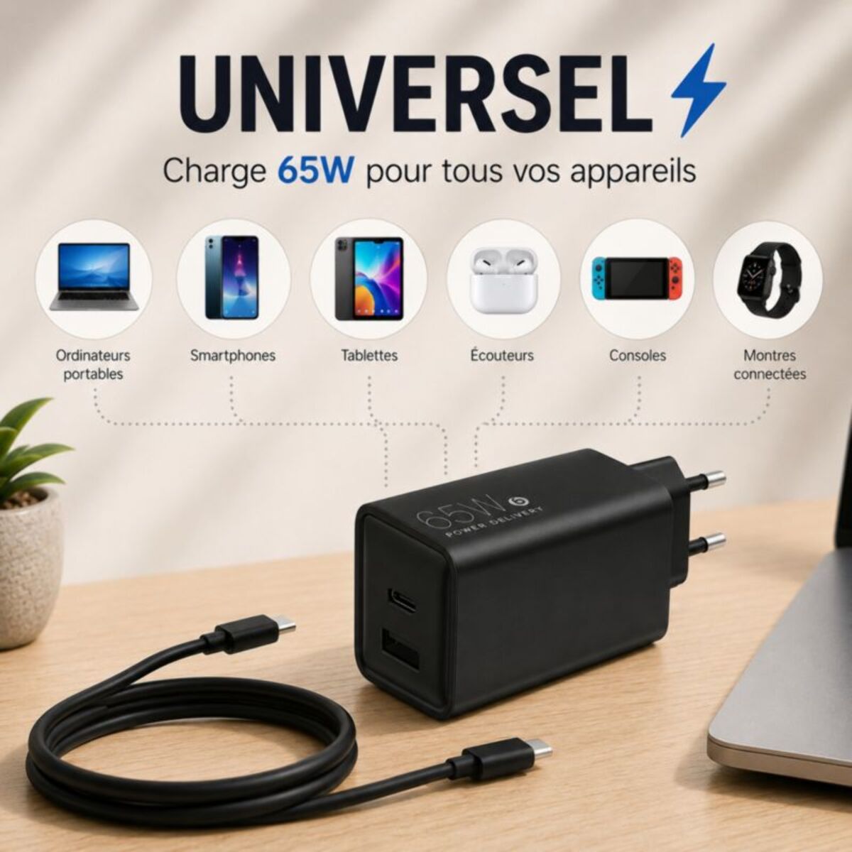 Chargeur ordinateur portable ESSENTIELB 65W USB-A + USB-C + cable USB-C 2M Noir