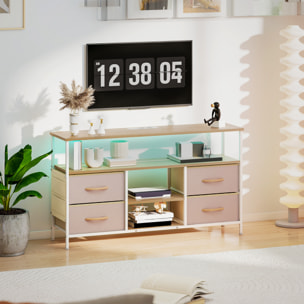 Mueble de TV con Luz LED, Mueble de TV para Salón con Enchufes, Puertos USB, Estantes Abiertos, 4 Cajones de Tela Plegables y Bolsillo, para Televisión hasta 50 Pulgadas, Beige y Natural