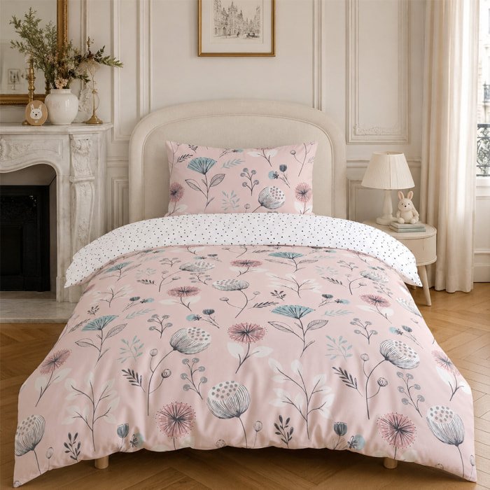 Parure housse de couette en coton motif floral rose, Olia