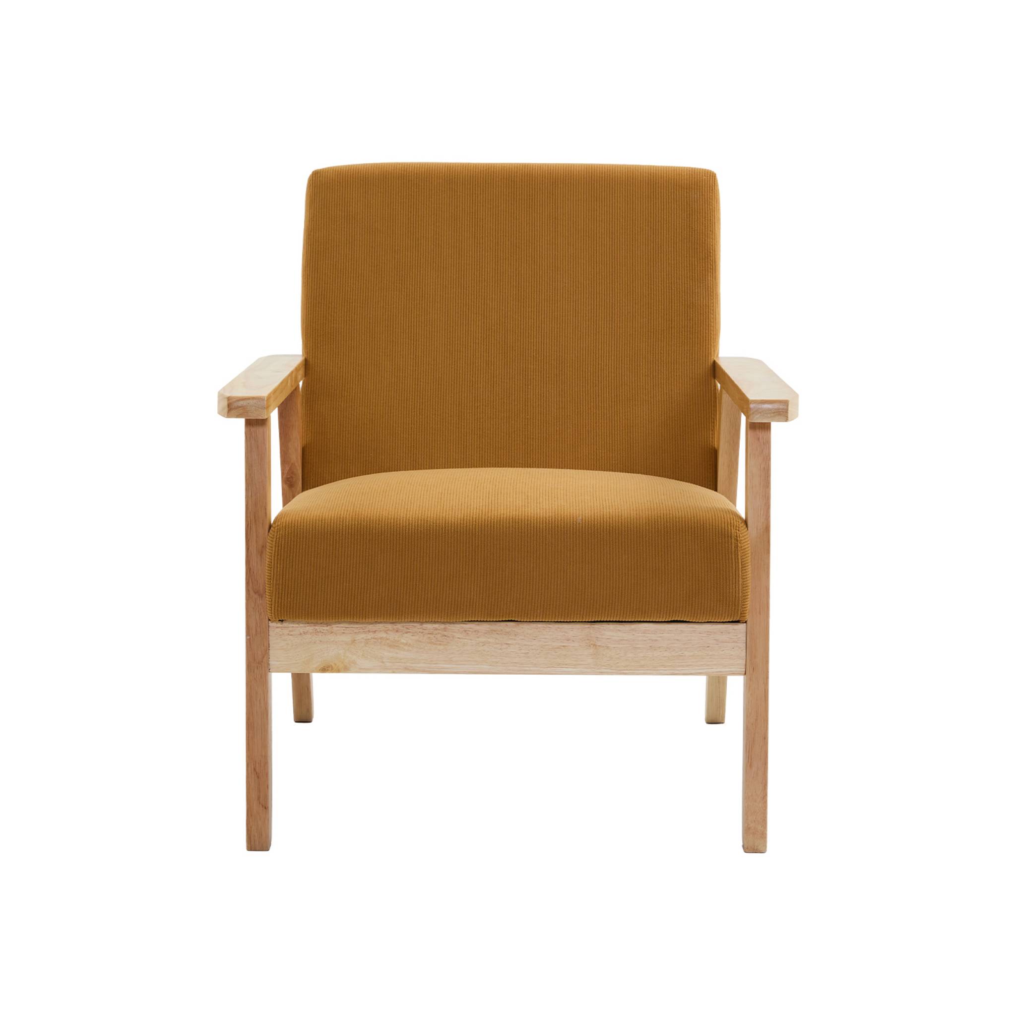 Canapé banquette 2 places + Fauteuil velours côtelé. pieds bois. moutarde