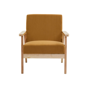 Canapé banquette 2 places + Fauteuil velours côtelé. pieds bois. moutarde