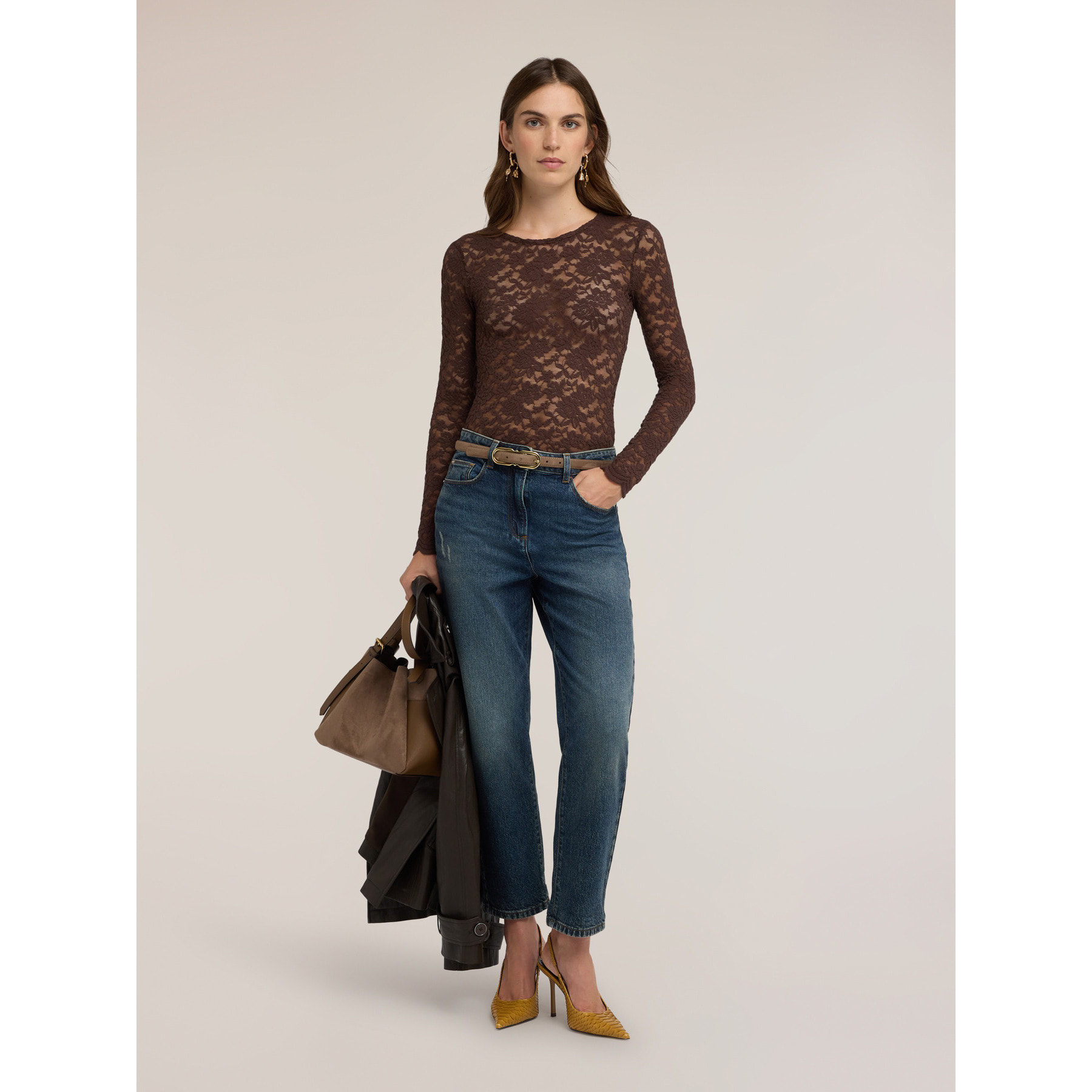 Motivi - T-shirt in pizzo floreale con orlo smerlato - Marrone