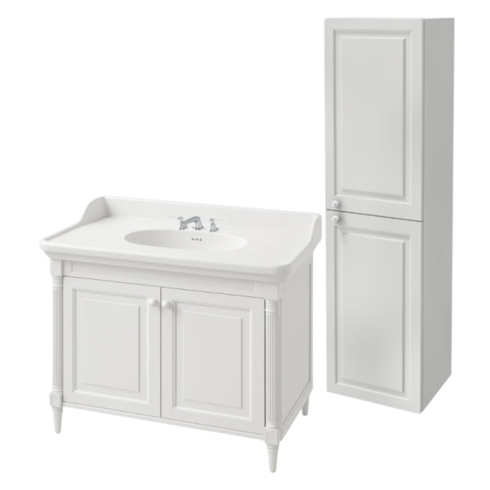 Pack meuble vasque 3 trous Cléo 1889 blanc velours + colonne droite + mélangeur poignés chrome