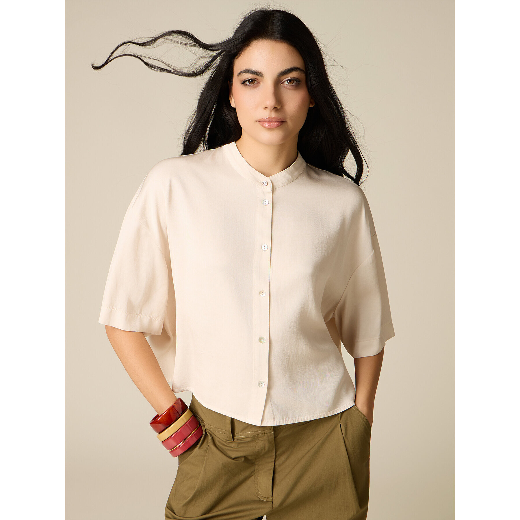 Oltre - Camisa boxy cuello mao - Blanco