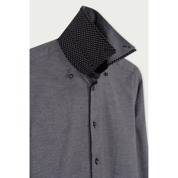 Camicia Uomo 2bottoni Button Down Doppio Collo Slim Flanella Unita Grigio Medio