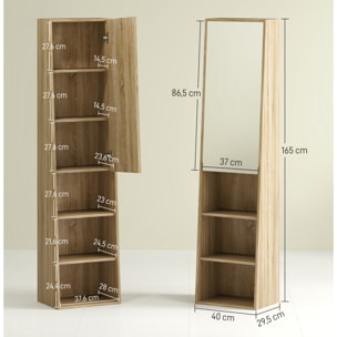 Colonne salle de bain design forme trapézoïdale avec miroir H. 165 cm - porte, 3 étagères, 3 niches - effet bois clair