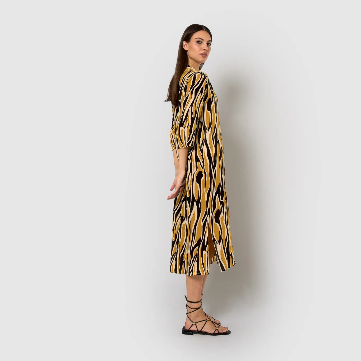 Vestido midi bambula detalles plisados europa beige/negro
