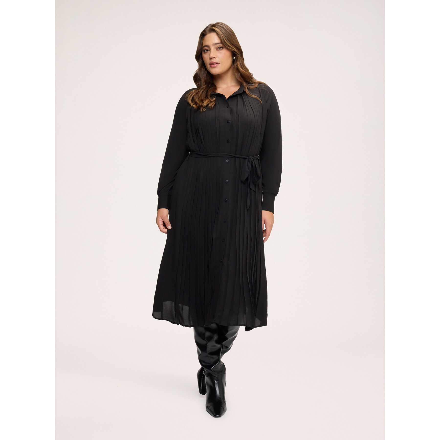 Fiorella Rubino - Vestito lungo chemisier plissé in georgette - Nero
