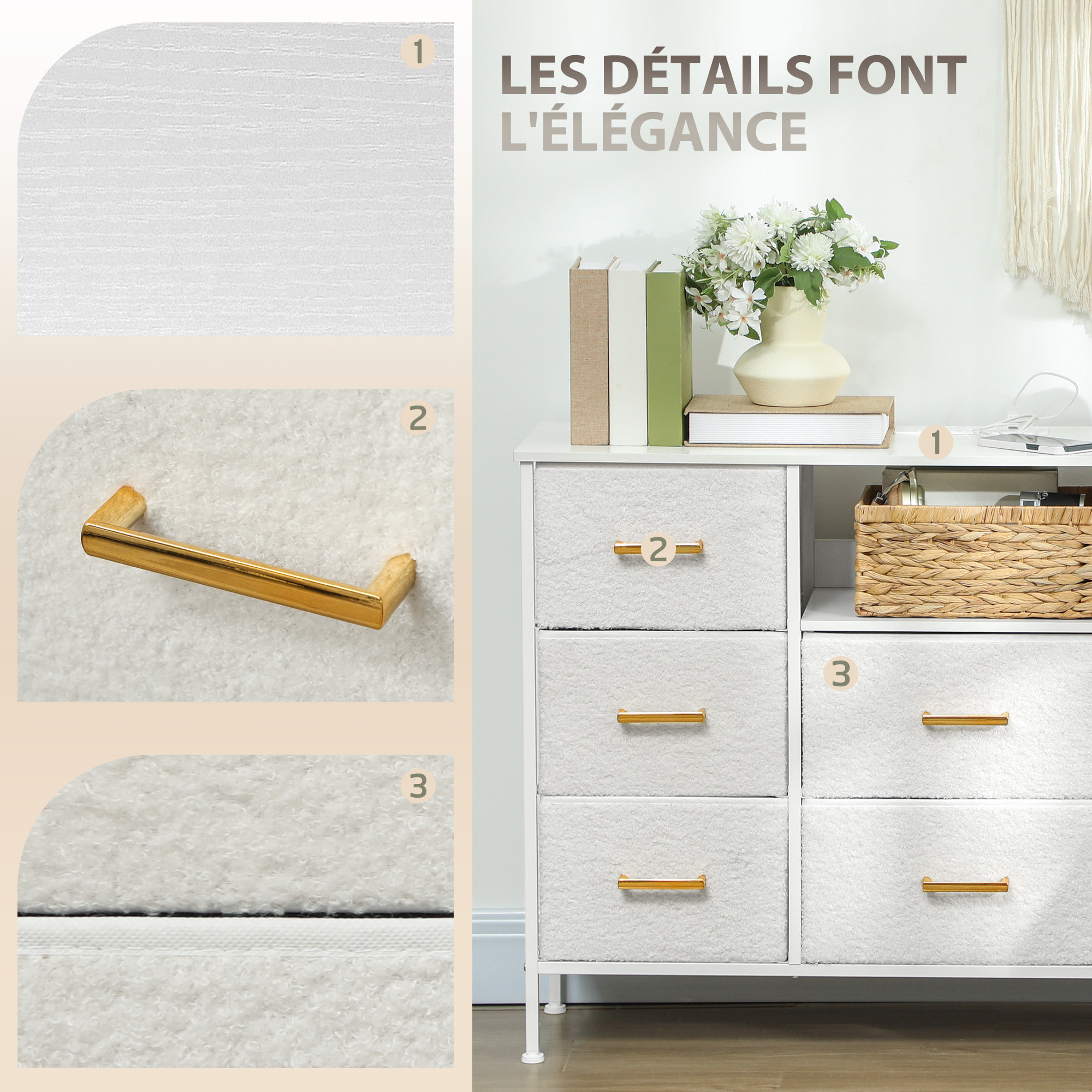 Commode design effet bouclette 8 tiroirs non tissés niche poignées métal doré acier blanc