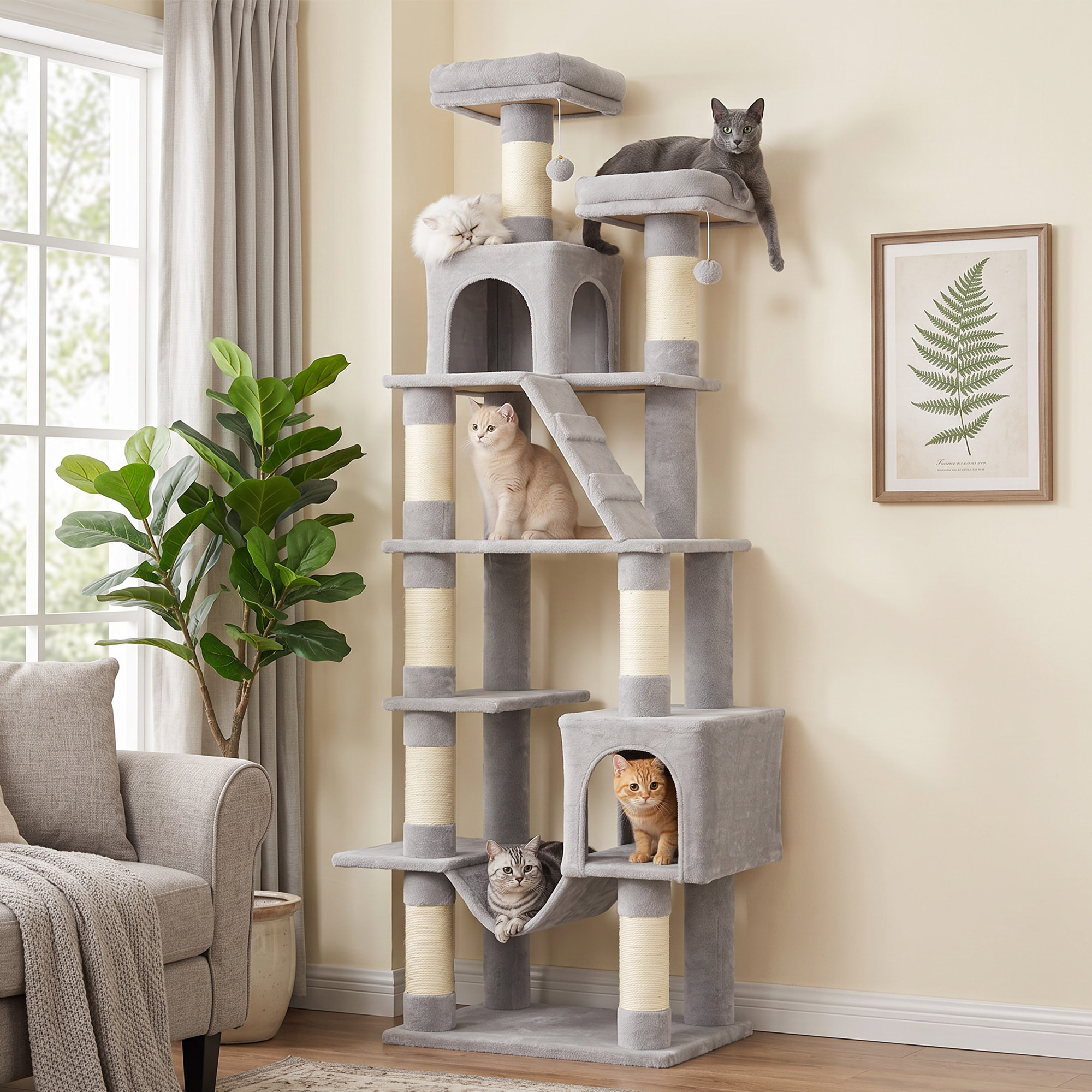 Árbol Rascador para Gatos 204 cm, Torre para Gatos Multinivel con 2 Cuevas, 2 Camas, Hamaca, Postes de Sisal, Escalera, 2 Bolas Colgantes, Tela de Felpa, para 1-3, Gris Claro