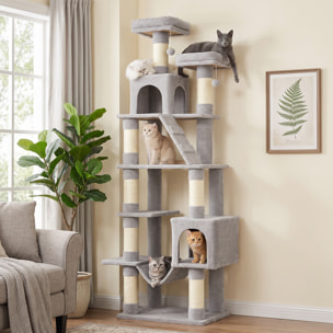 Árbol Rascador para Gatos 204 cm, Torre para Gatos Multinivel con 2 Cuevas, 2 Camas, Hamaca, Postes de Sisal, Escalera, 2 Bolas Colgantes, Tela de Felpa, para 1-3, Gris Claro
