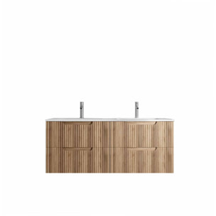 Meuble de Salle de Bains LEON 120cm Décor Bois - 4 Tiroirs en MDF Ondulés - Vasque à encastrer