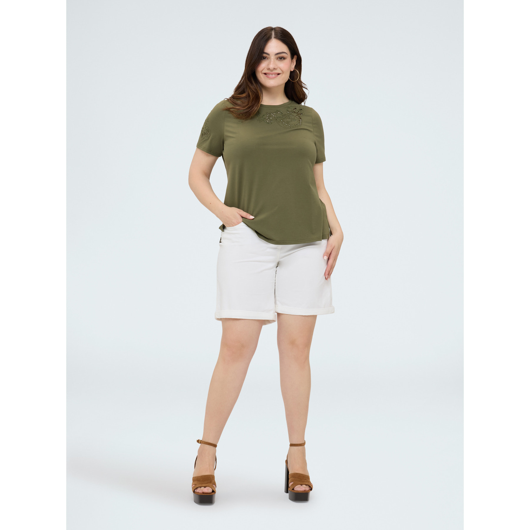 Fiorella Rubino - Camiseta de algodón con encaje y tachuelas - Verde militare