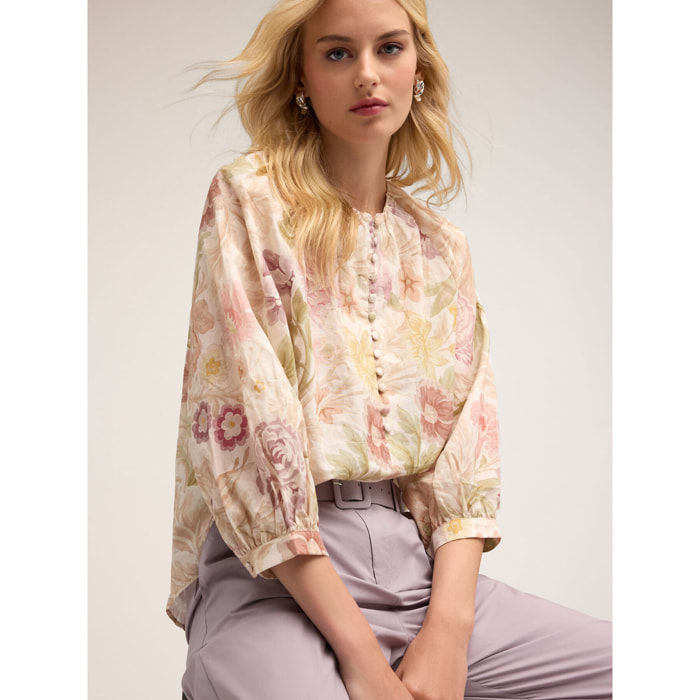Motivi - Blusa holgada de muselina de algodón con estampado floral - Rosa cipria