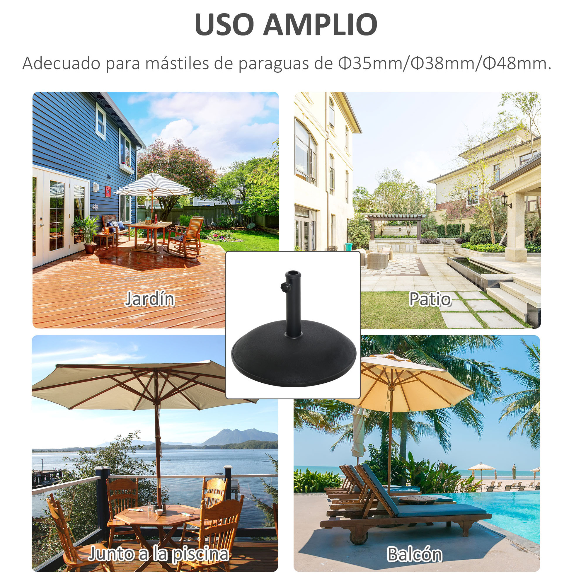 Base para Sombrilla Redonda, 25 kg, Soporte de Parasol de Cemento, con Perilla, Pie para Sombrilla con Postes Ø35 mm, Ø38 mm, Ø48 mm, Fácil de Montaje, para Jardín, Patio, Terraza, Negro