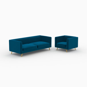 Ensemble canapé et fauteuil en velours bleu 3 places - Gatsby