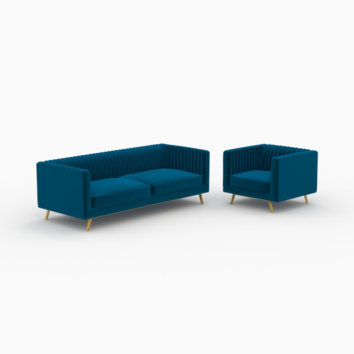 Ensemble canapé et fauteuil en velours bleu 3 places - Gatsby