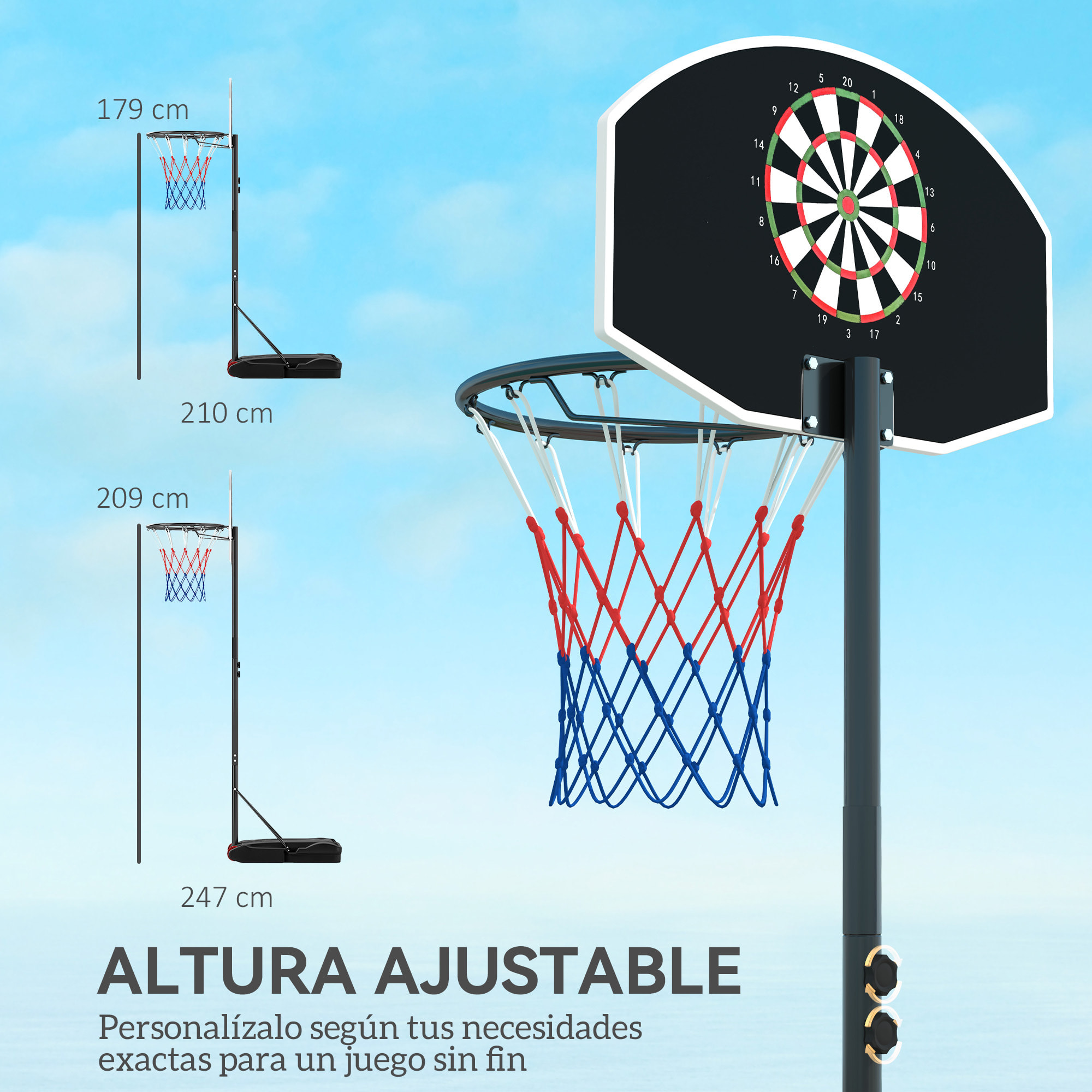 Canasta de Baloncesto para Exterior con Tablero de Dardos Aro de Baloncesto Portátil con Altura Ajustable 210-247 cm Ruedas Base Rellenable para Adolescentes y Adulto Negro