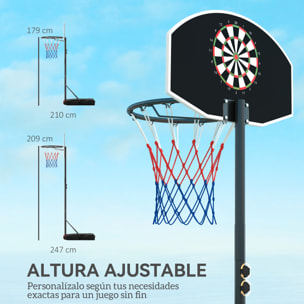 Canasta de Baloncesto para Exterior con Tablero de Dardos Aro de Baloncesto Portátil con Altura Ajustable 210-247 cm Ruedas Base Rellenable para Adolescentes y Adulto Negro