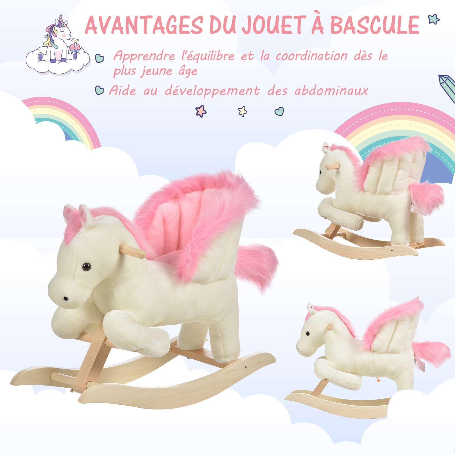 Cheval à bascule fonction musicale selle grand confort peluche courte douce bois peuplier blanc et rose dim. 70L x 28l x 57H cm