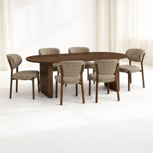Ensemble table 230cm effet noyer et 6 chaises en tissu taupe SUZIE