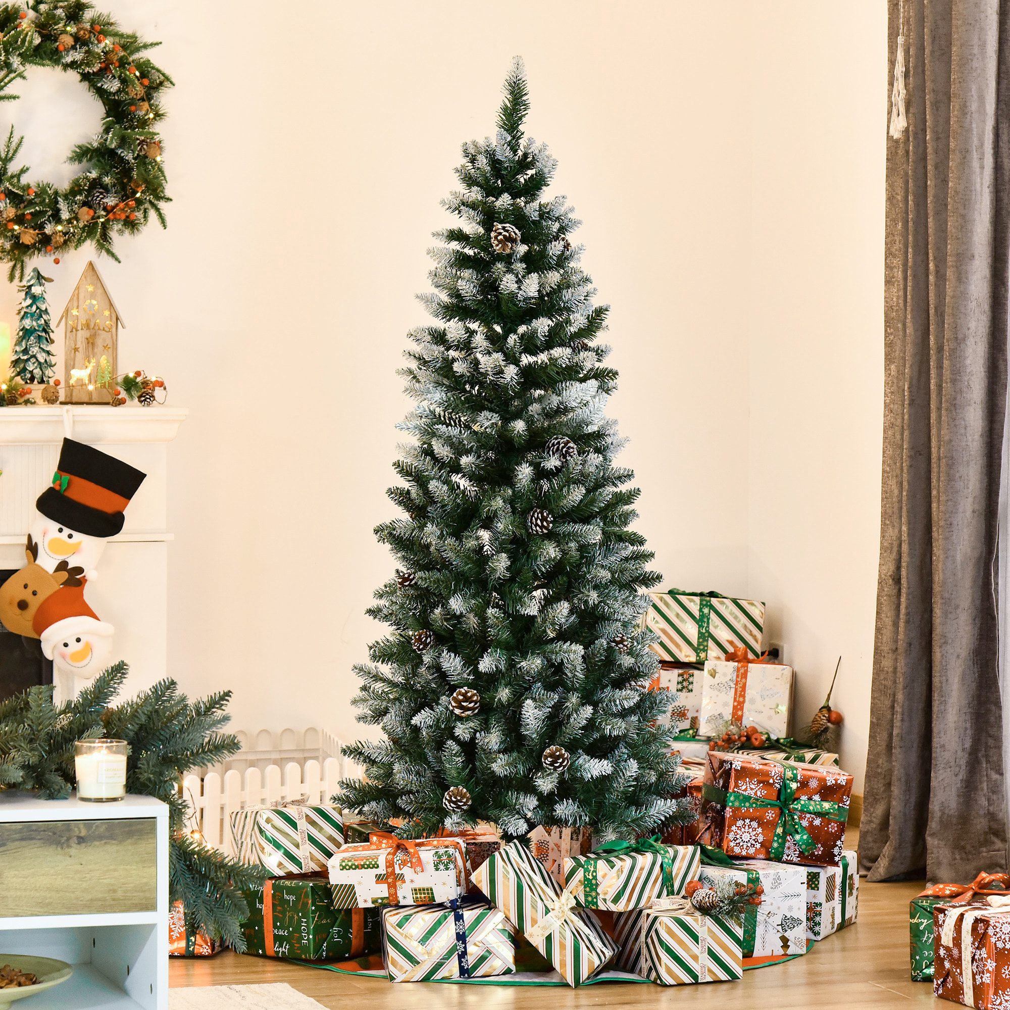 árbol de Navidad Artificial Ø69x150cm con 464 Puntas de PVC y 28 Piñas Decoración de Interior con Base Plegable y Soporte de Acero Verde