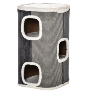 Barril Rascador para Gatos 74 cm de Altura Tonel de Escalada con 3 Cuevas de Sisal y Felpa Plataforma de Lana 40x40x74 cm Gris