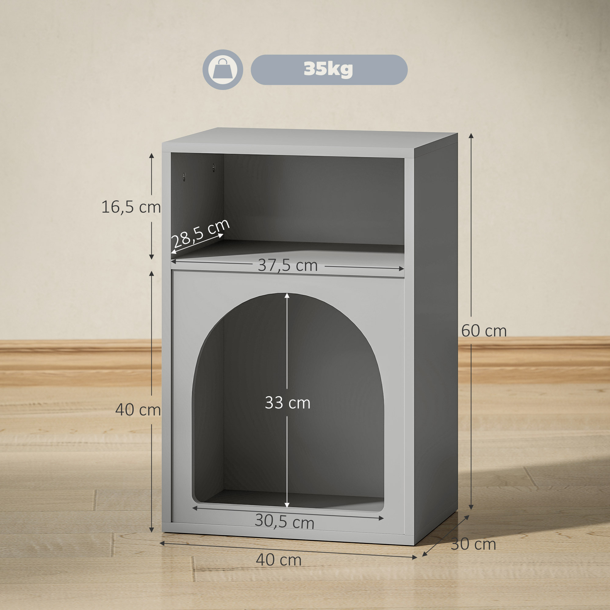 Mesita de Noche Moderna Mesilla de Noche Estrecha con 2 Compartimentos Abiertos Diseño en Forma de Arco Mesa Auxiliar para Salón Dormitorio 40x30x60 cm Gris