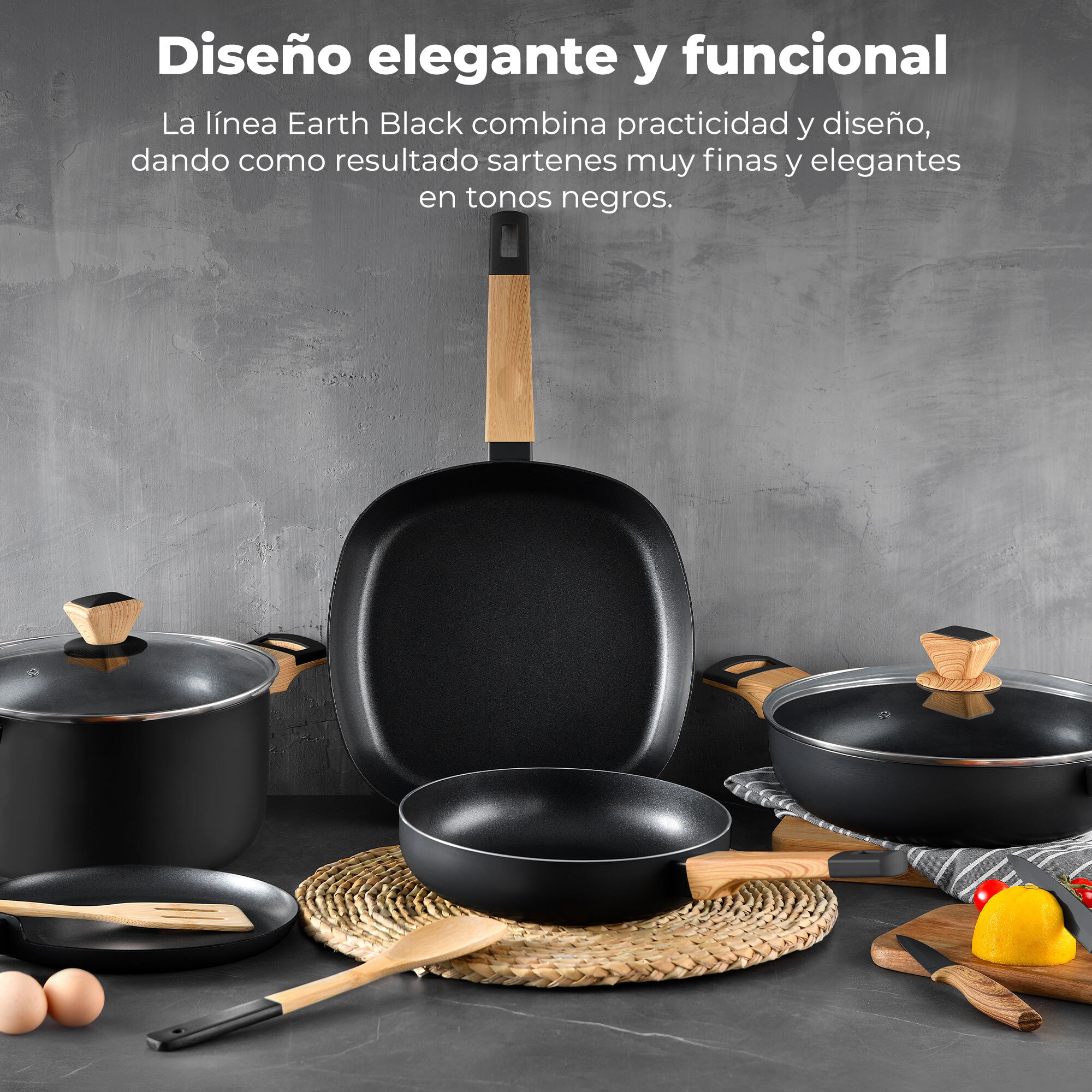 Batería de cocina 10 piezas (3 cacerolas con tapa ø16ø20ø24 + sartén ø24cm + 3 cuchillos) en aluminio prensado para inducción bergner