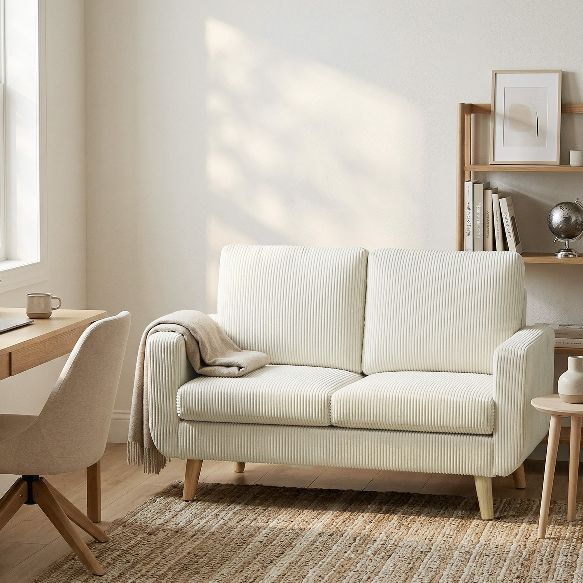 Sofá de 2 Plazas, Tapizado en Pana, Sofá Moderno con Acolchado y Respaldo Grueso, Cojines de Resortes, Patas de Madera, para Dormitorio, Oficina, Sala de Estar, 134x74x84 cm, Blanco Crema