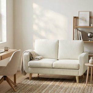 Sofá de 2 Plazas, Tapizado en Pana, Sofá Moderno con Acolchado y Respaldo Grueso, Cojines de Resortes, Patas de Madera, para Dormitorio, Oficina, Sala de Estar, 134x74x84 cm, Blanco Crema