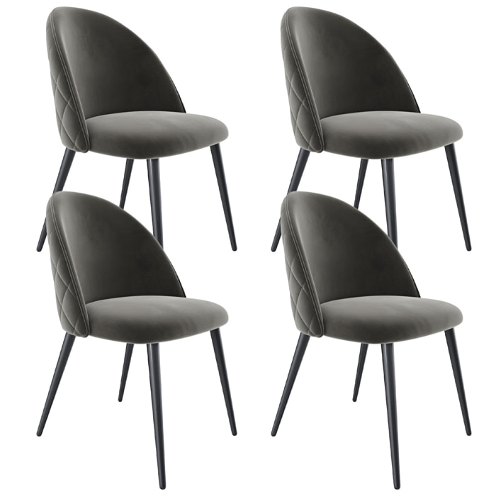 Set di 4 Sedie Imbottite Da Pranzo In Velluto Sedia Gambe In Metallo Nero Schienale Soggiorno Salotto Camera 43 x 47.5 x 80 Cm (Grigio)