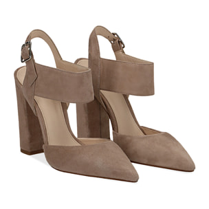 Slingback taupe in camoscio con maxi-fascia, tacco 10,50 cm