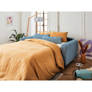 Owen - canapé lit 3 places convertible express couchage quotidien 140 cm matelas 12 cm en velours côtelé - Bleu grisé