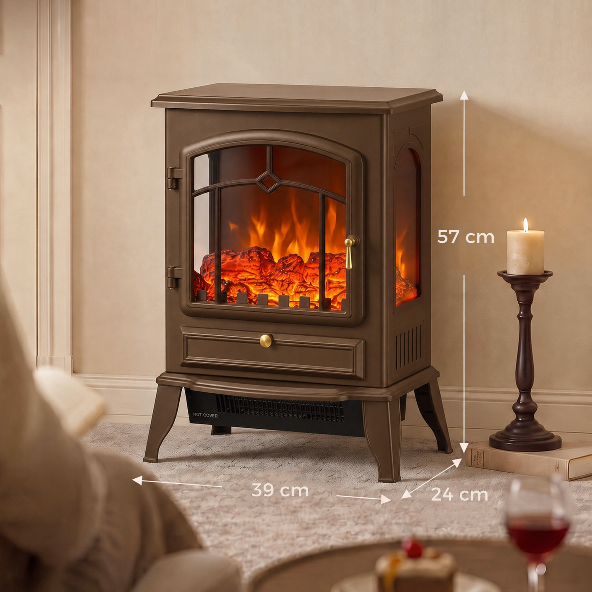 Chimenea Eléctrica de Pie, 1000W/2000W, Chimenea Eléctrica Decorativa con Efecto Llama 3D, Brillo Ajustable, Termostato y Protección contra Sobrecalentamiento, para 30㎡, Marrón
