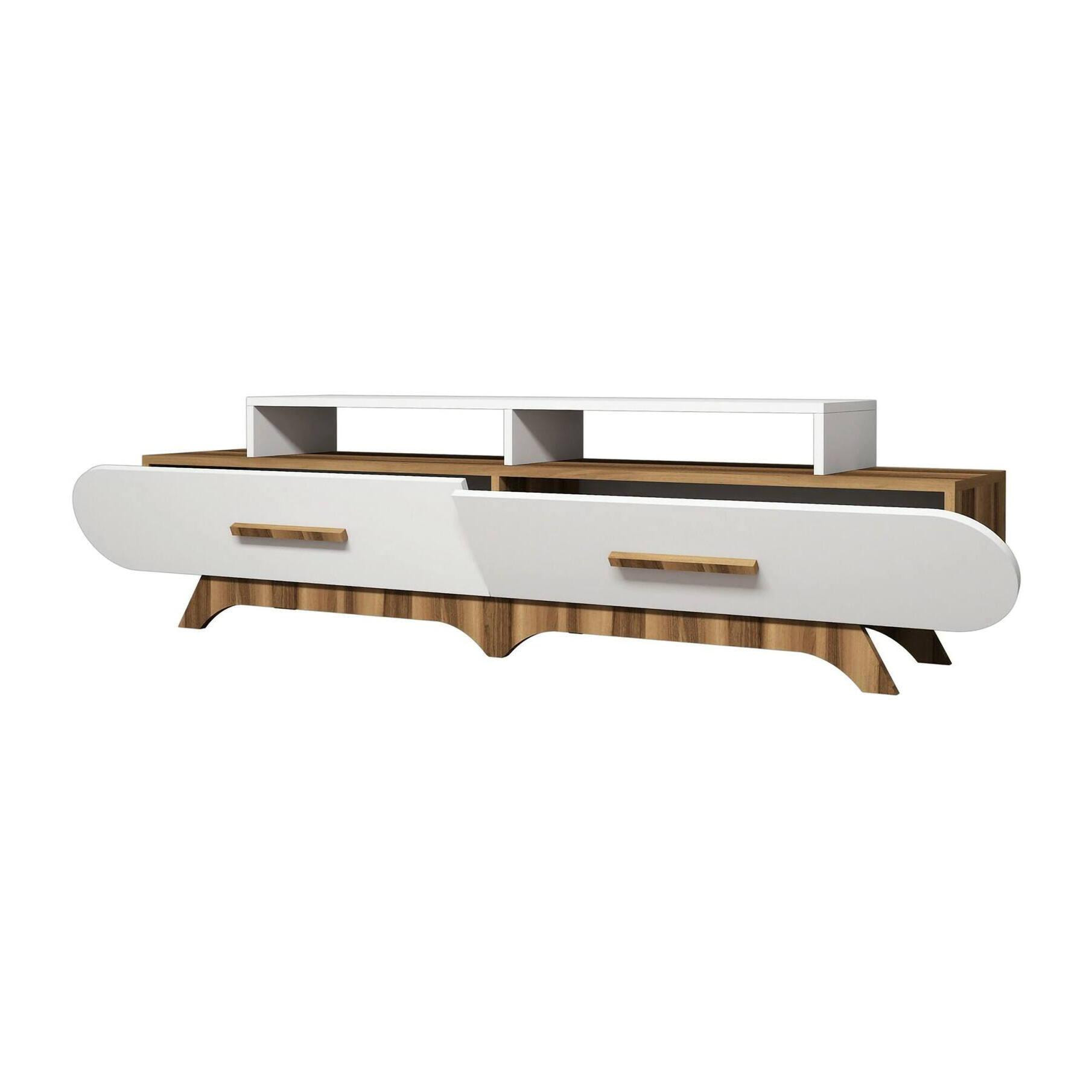 Mobile porta TV Dpereyr, Credenza da soggiorno, Armadio basso per TV, Base parete attrezzata, 205x37h50 cm, Noce e Bianco