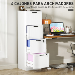 Cajonera Escritorio con 4 Cajones, Cajonera de Oficina, Mueble Archivador, con 2 Cerraduras, Riel Colgante para A4 y Carta, 40x40x131 cm, Blanco