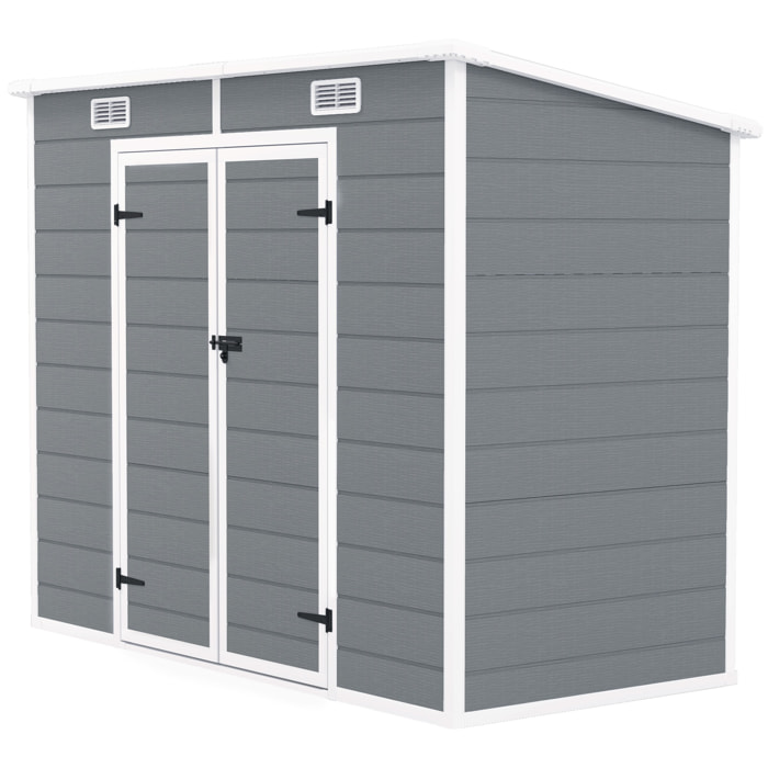 Abri de jardin 2,54 m² dim. 2,4 x 1,3 m - fondation incluse - fenêtre, 2 portes, aérations - alu PP gris blanc
