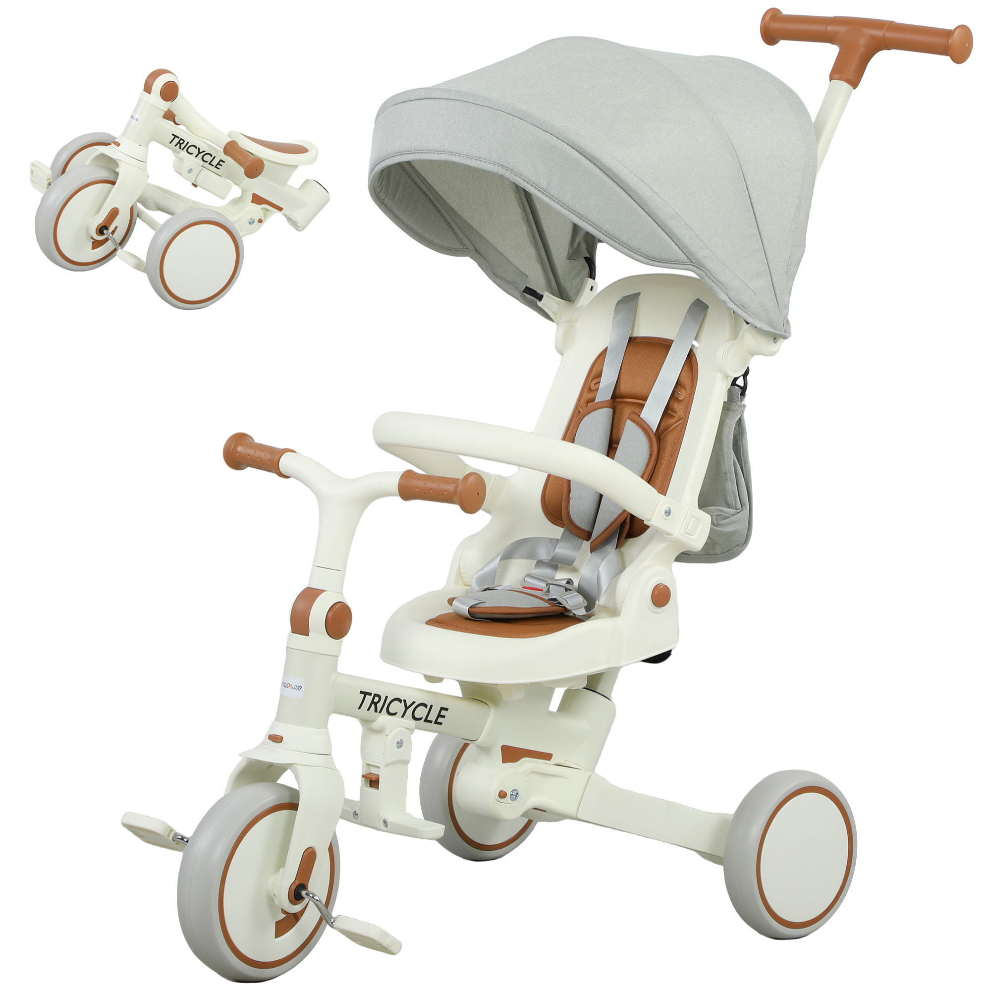 Tricycle enfant pliable évolutif 5 en 1 poignée telescopique auvent amovible marron crème