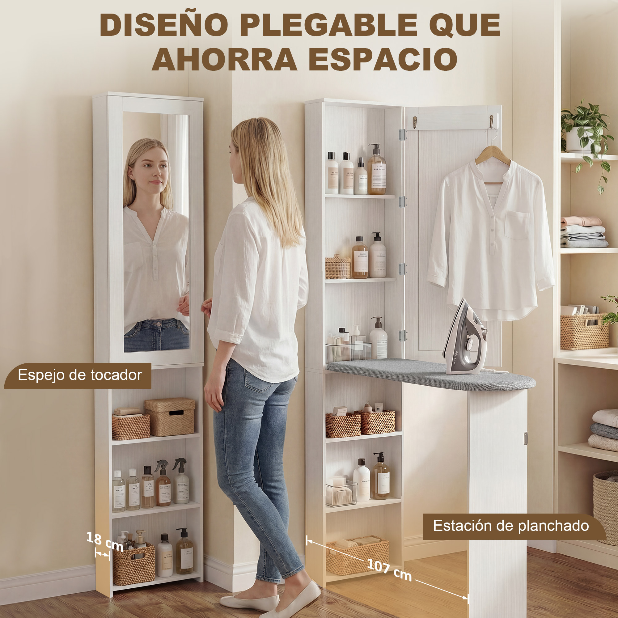 Mueble de Plancha con Espejo, Tabla de Planchar Plegable, Mueble Planchador con 6 Compartimentos, 2 Ganchos, para Espacios Reducidos, 107x35x174 cm, Blanco