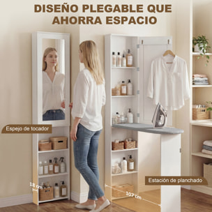 Mueble de Plancha con Espejo, Tabla de Planchar Plegable, Mueble Planchador con 6 Compartimentos, 2 Ganchos, para Espacios Reducidos, 107x35x174 cm, Blanco