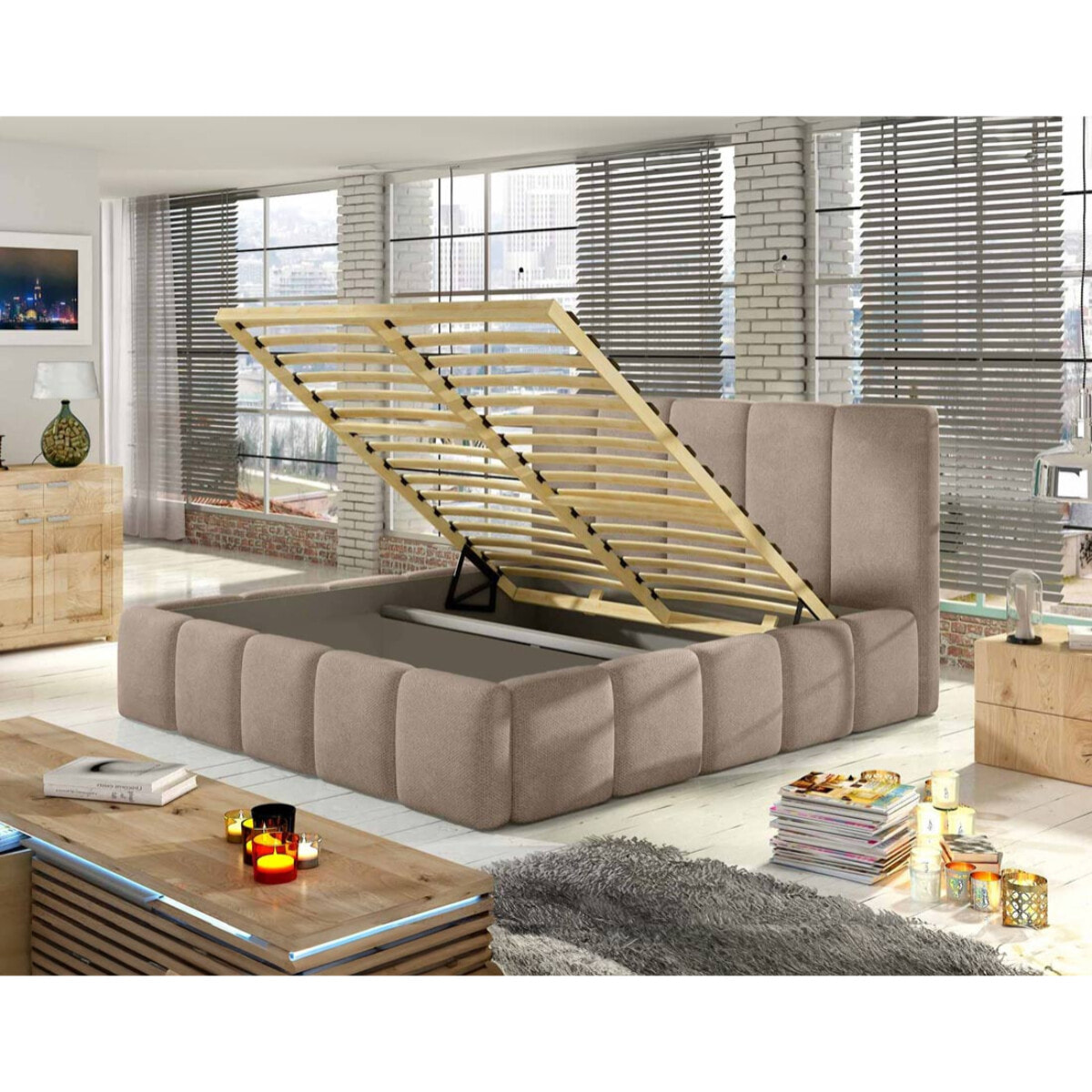 Lucea - lit coffre - 140x200 - sommier inclus - en velours - Taupe