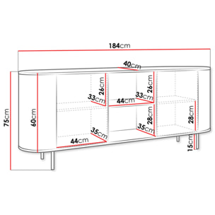 Sansa - buffet bas 184 cm - 2 portes, 2 niches et 2 étagères - plateau effet marbre - Bois / Blanc