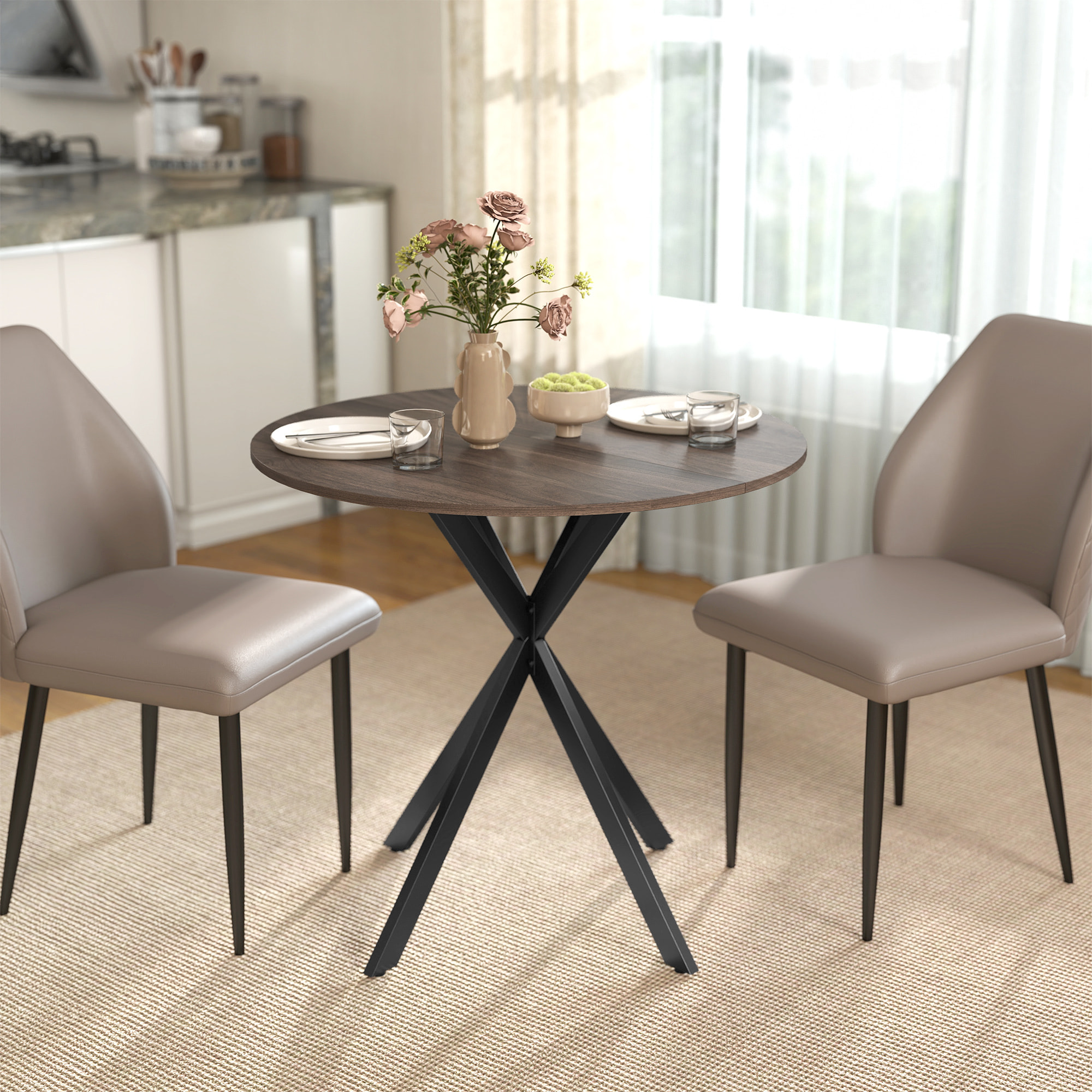 HOMCOM Mesa de Comedor Redonda, Mesa de Cocina Pequeña para 2 Personas, Estilo Industrial, Patas de Acero Cruzadas, para Comedor, Cocina, Salón, Ø80 cm, Marrón