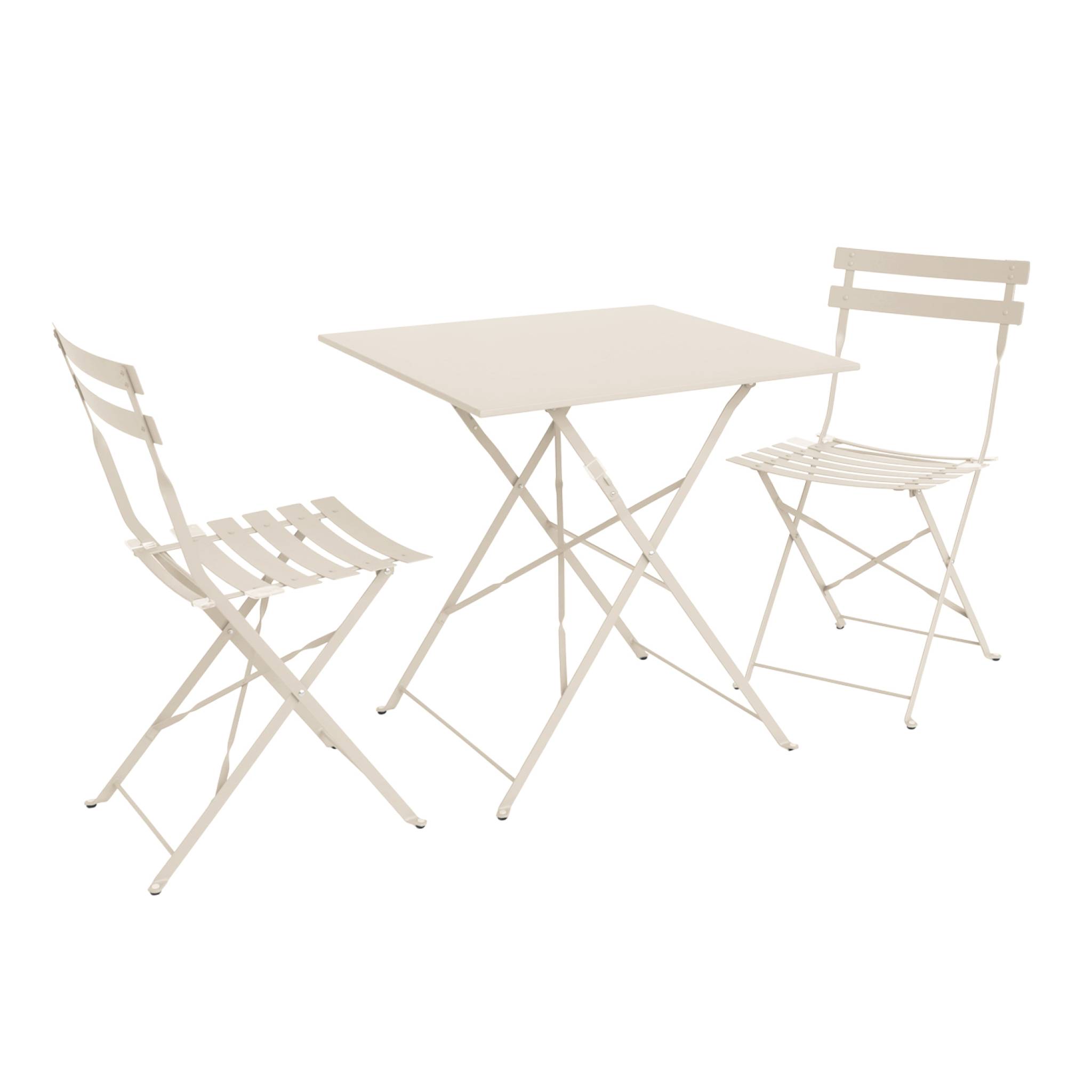 Table de jardin bistrot pliante métal + 2 assises beige 70 x 70cm. acier thermolaqué