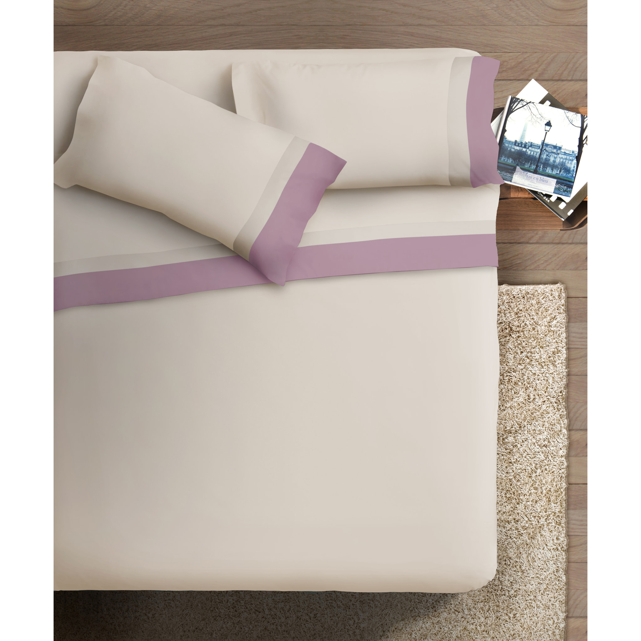 Completo letto doppia balza RASO IPERSAN Puro Cotone Malva/Panna fondo Panna