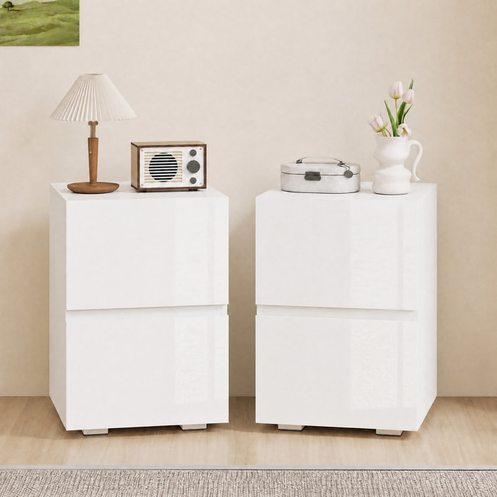 Juego de 2 Mesitas de Noche Estrechas, Mesillas de Noche Dormitorio con 2 Cajones, Frentes de Alto Brillo, Mesa Auxiliar para Espacios Reducidos, Salón, Blanco