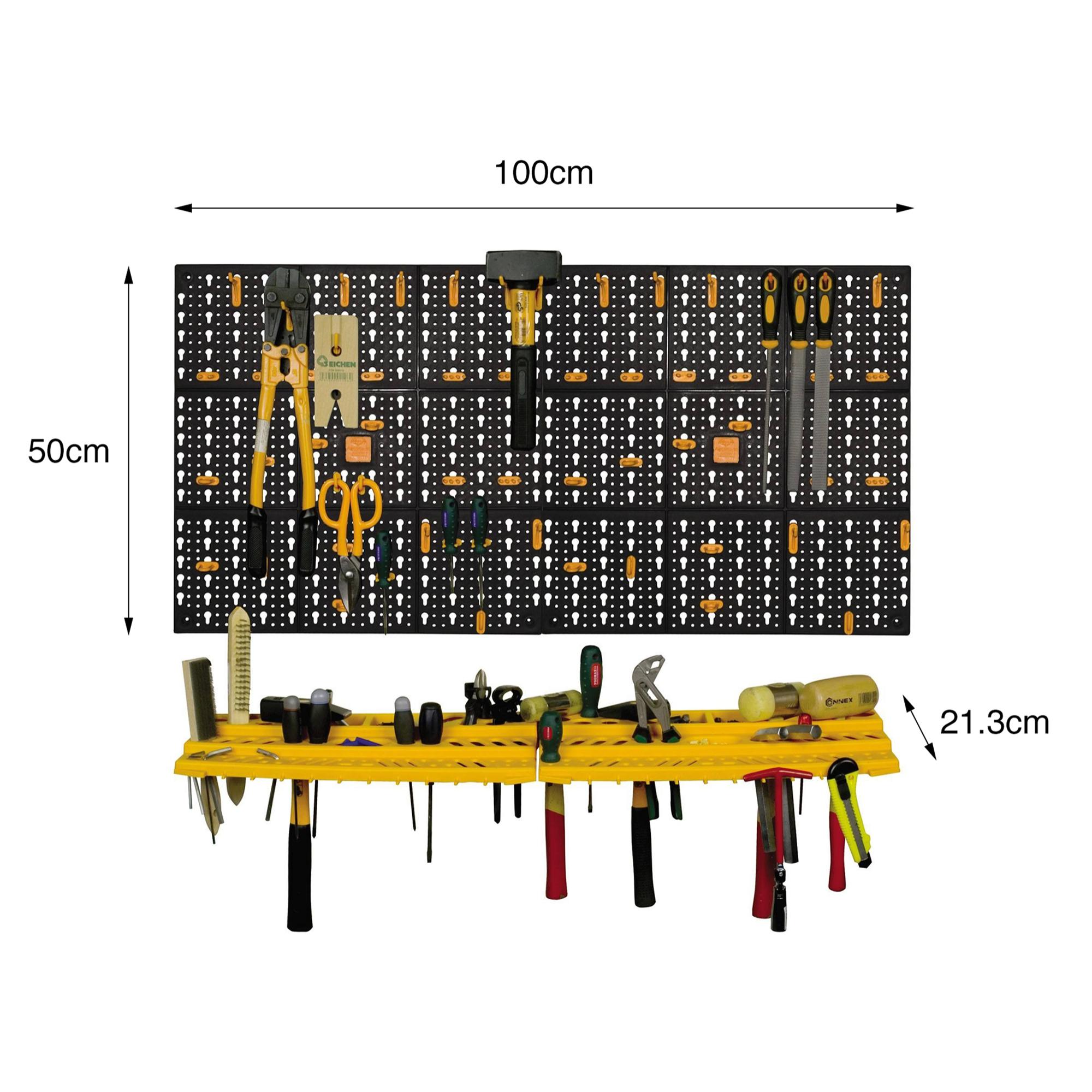 Set di 2 pannelli e 2 mensole portautensili con 50 ganci, Organiser porta oggetti da parete, 100% Made in Italy, cm 100x22h50, colore Nero