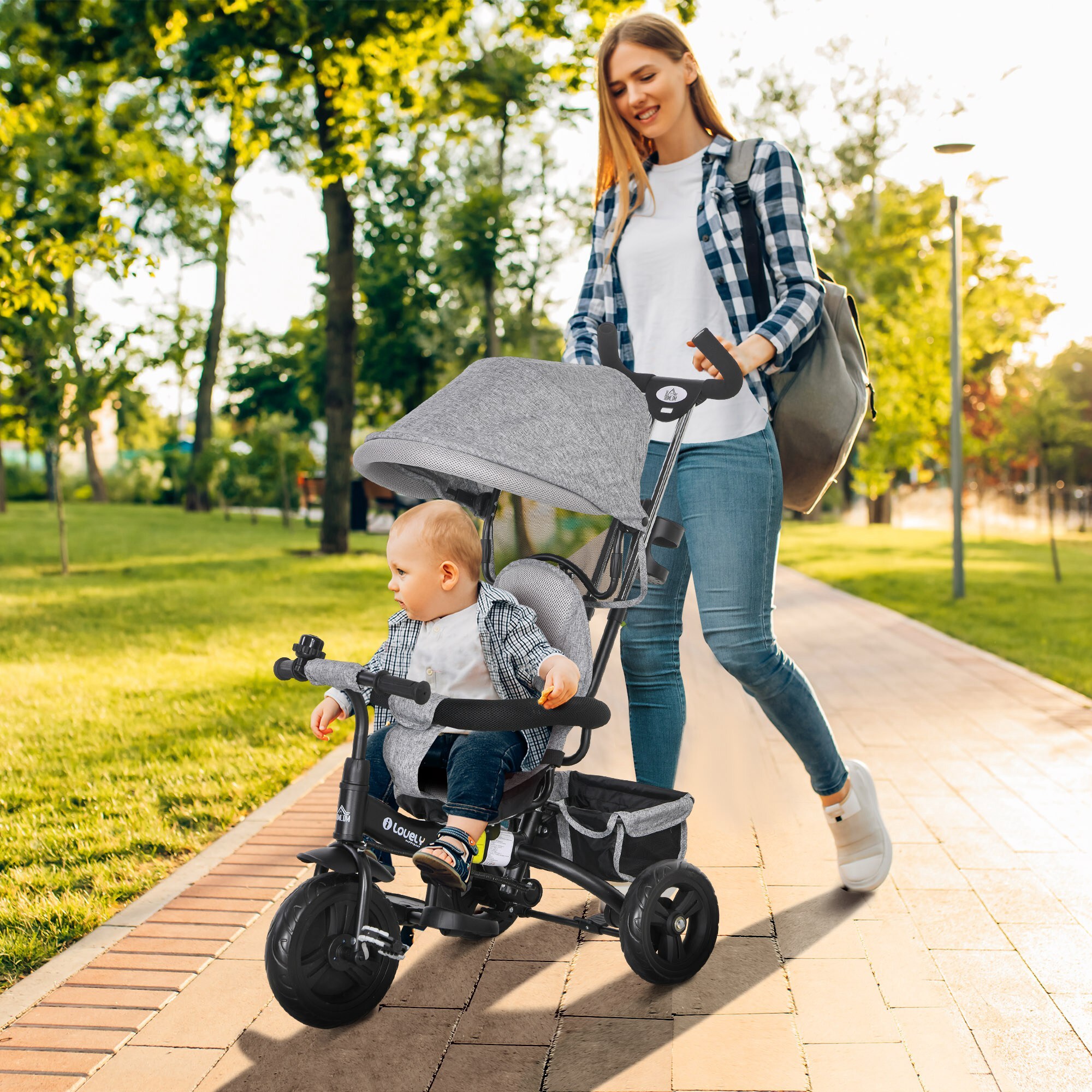 Tricycle enfant évolutif pare-soleil pliable canne télescopique amovible acier gris