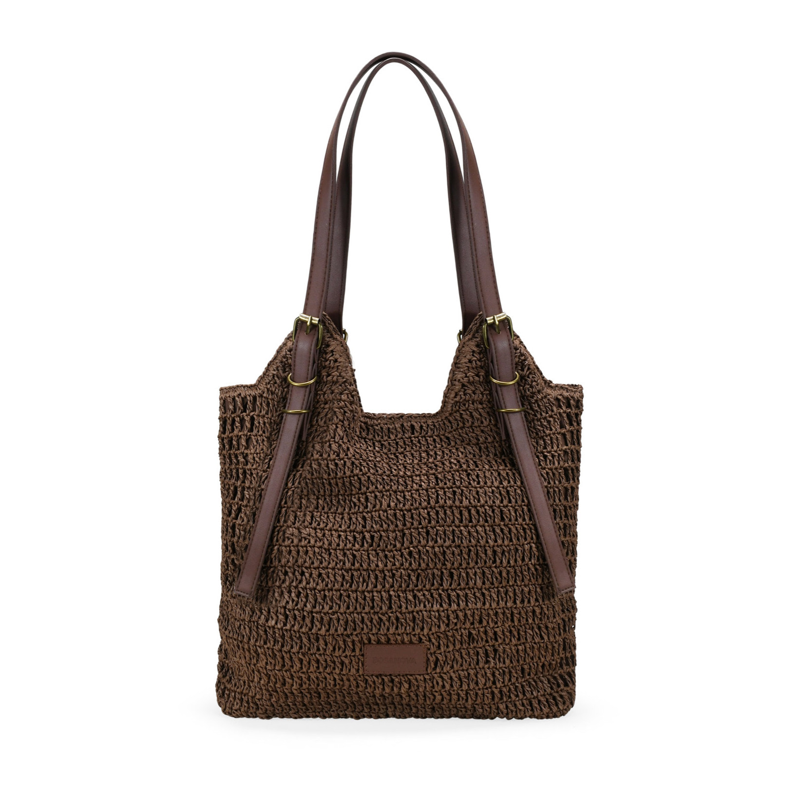 Bolso de hombro marrón en rafia con hebillas